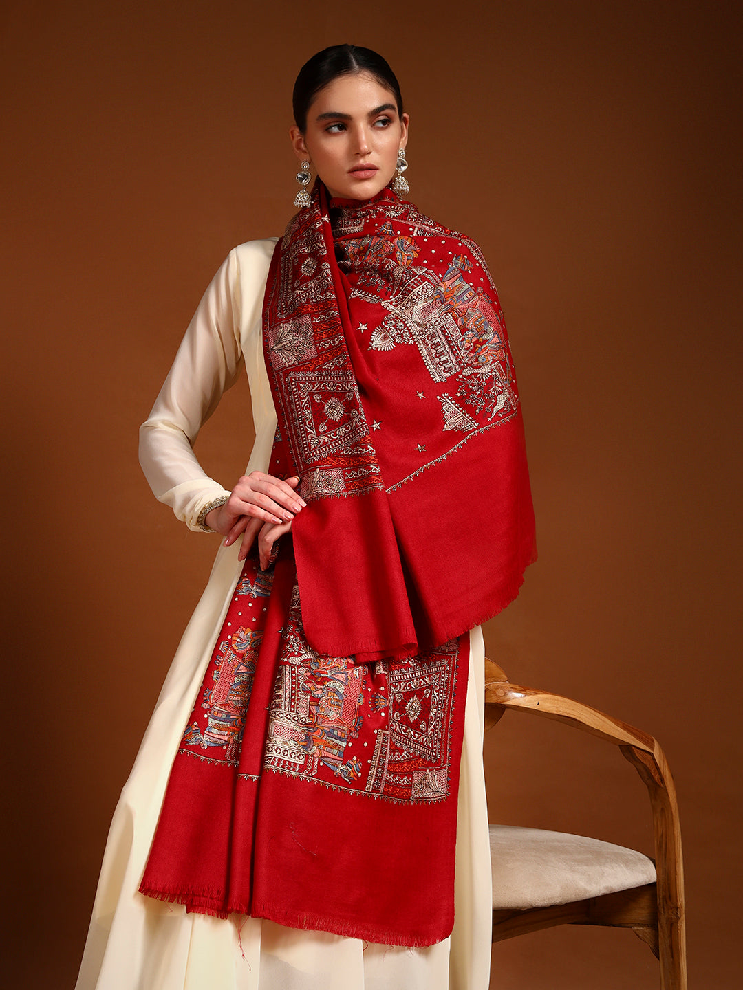 Pashmoda Women Zavian 100% Pure Wool Sozni Hand Embroidered Shawl (Size: 101x203 Cm)