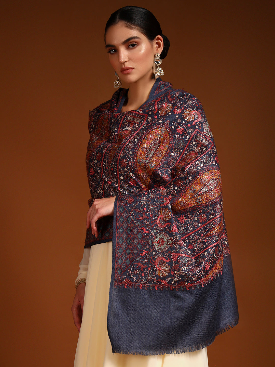 Pashmoda Women Nafeesah 100% Pure Wool Sozni Hand Embroidered Stole (Size-71x203cm)