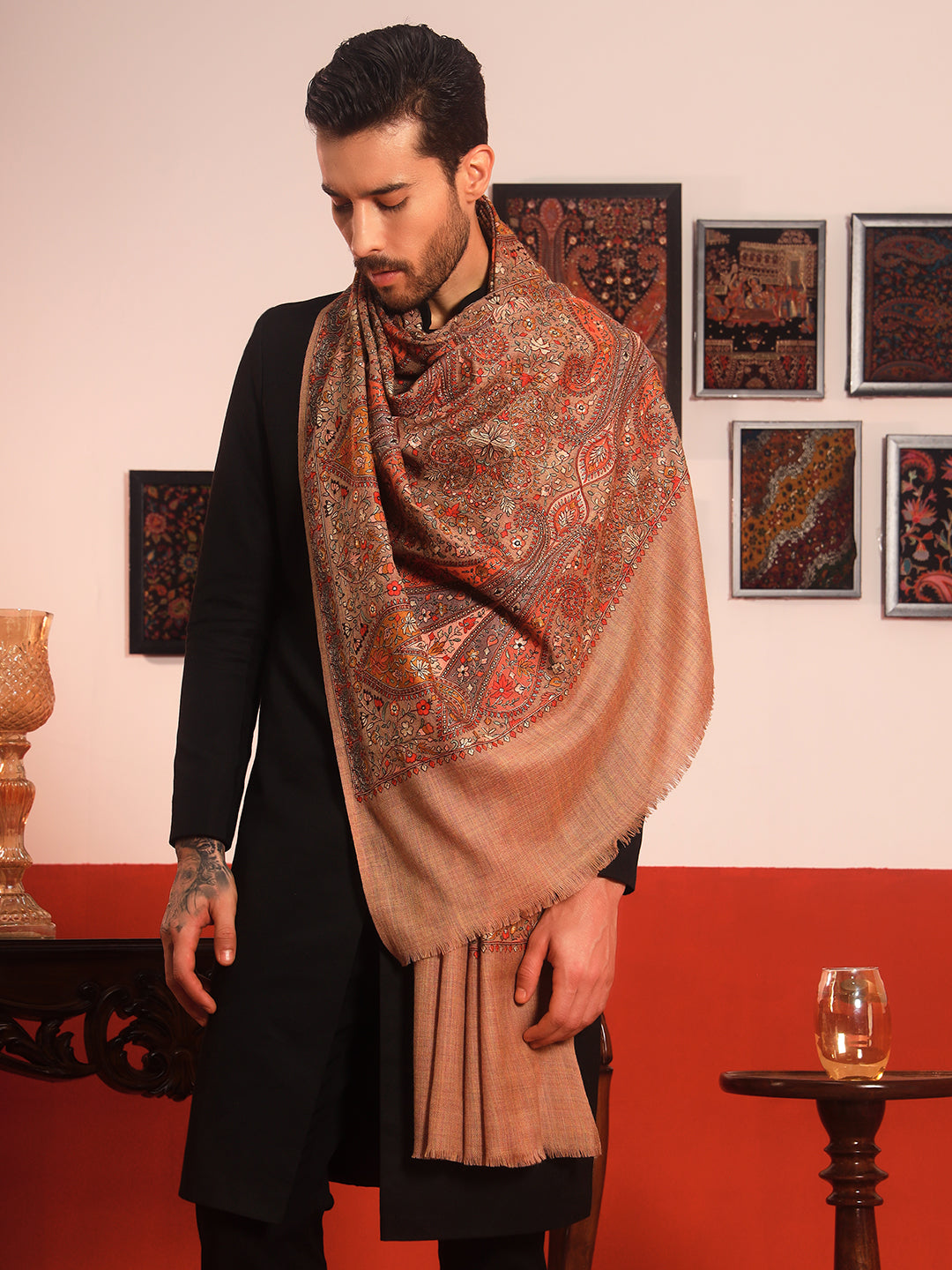 Pashmoda Men Mahnoor 100% Pure Wool Sozni Hand Embroidered Shawl (Size: 101x203 CM)