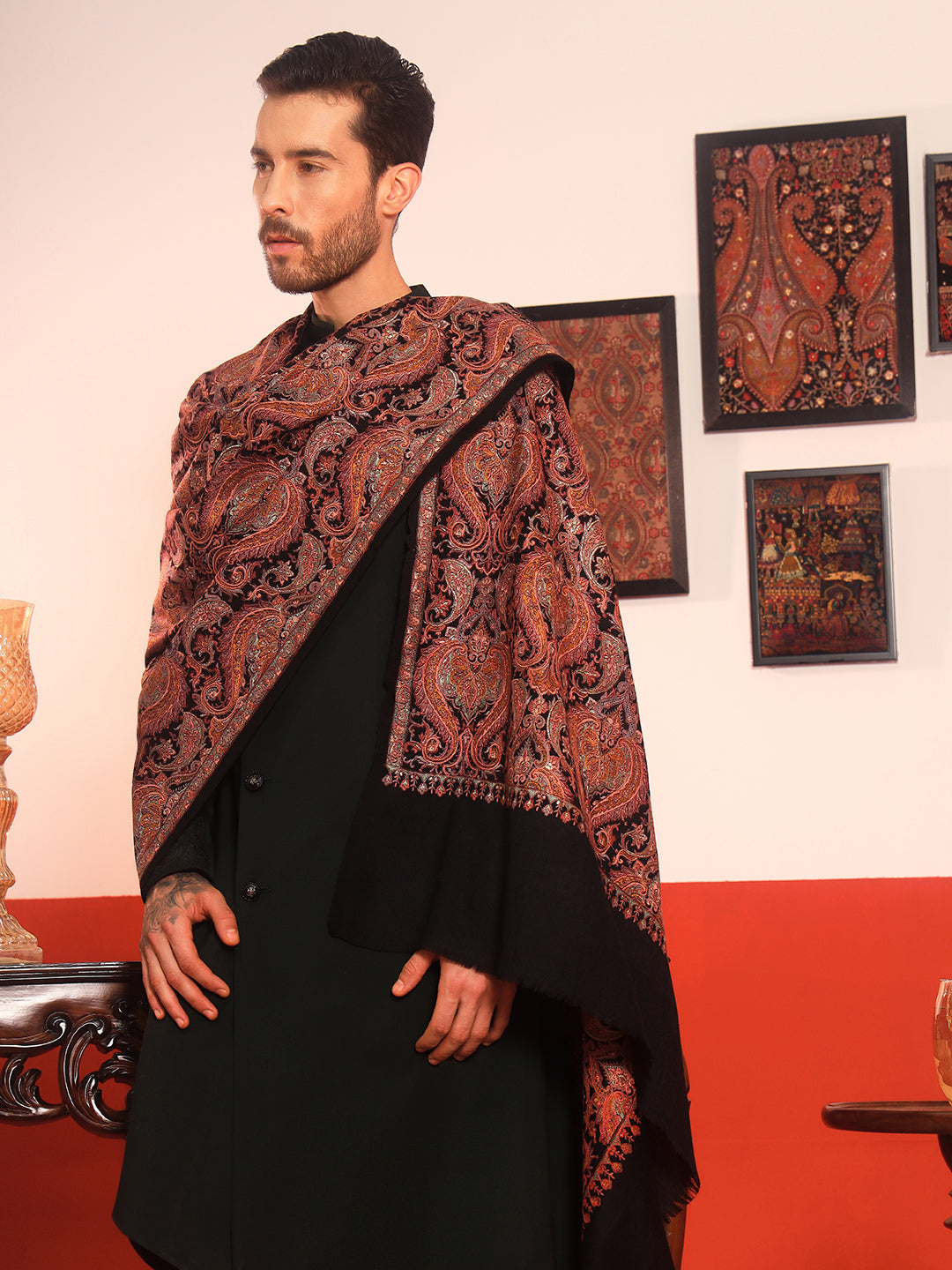 Pashmoda Men Rehnan 100% Pure Wool Sozni Hand Embroidered Shawl (Size: 101x203 Cm)