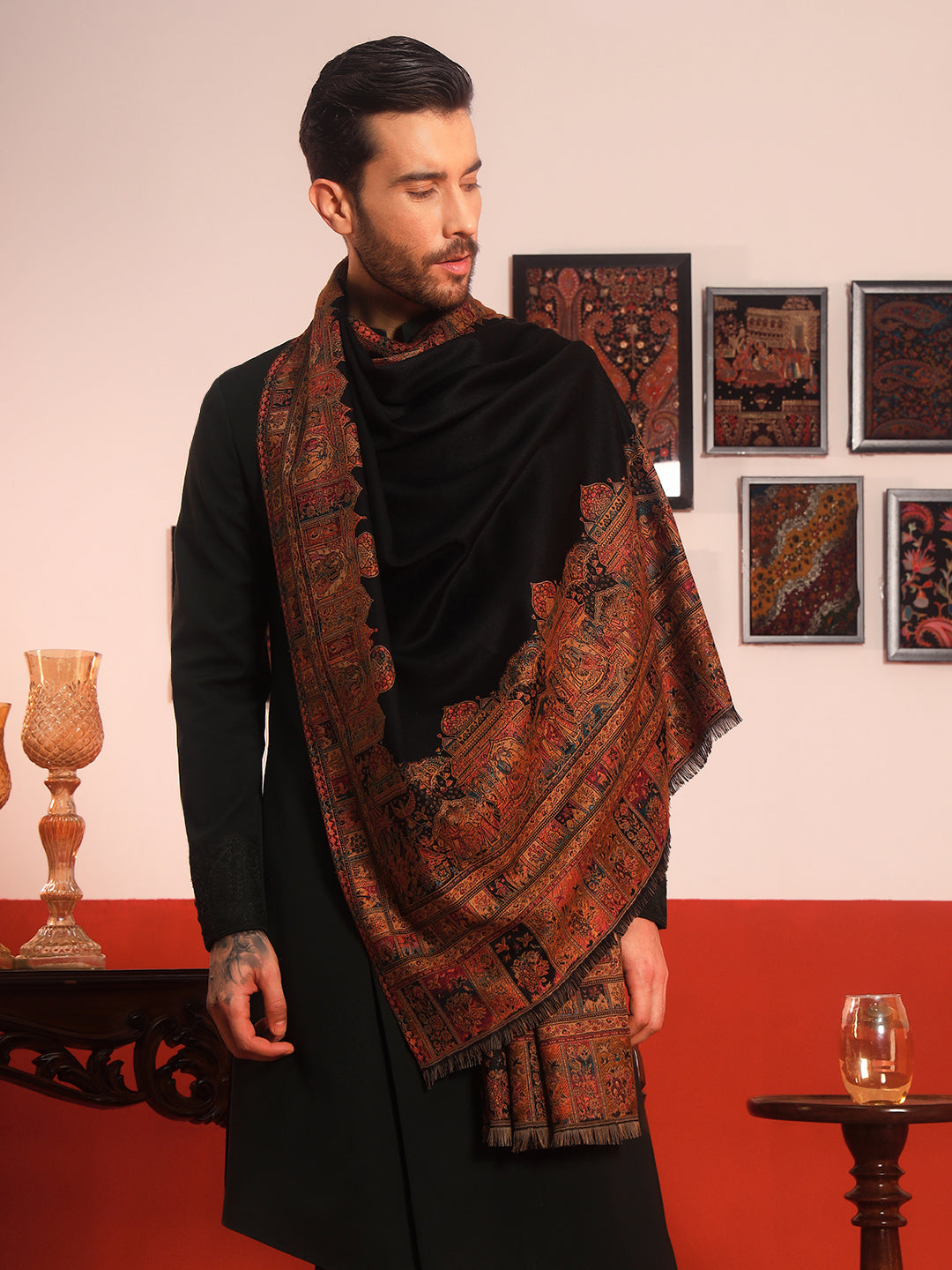 Pashmoda Men Arcadia Borders Kashmiri Jamawar Woven Shawl (Size: 101X203 CM)
