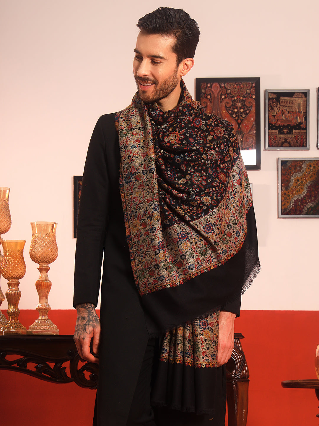 Pashmoda Men Meher Kaani Wool Blend Kashmiri Shawl (Size: 101X203 CM)