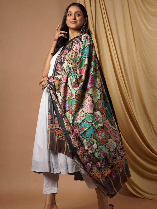 Women's Aarzoo 100% Pure Wool Kalamkari Hand Embroidered Shawl (Size: 101 X 203 Cms)