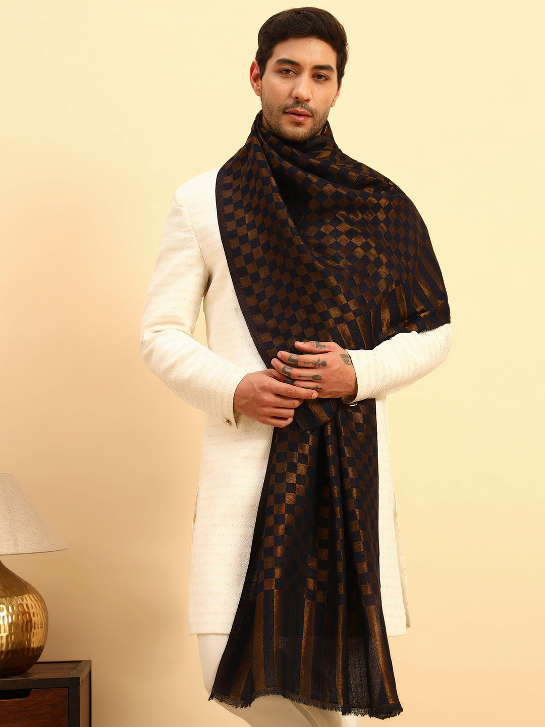 Pashmoda Men Champagne Check Reversible Zari Moonlight Fine Wool Stole (Size: 71x203 Cm)
