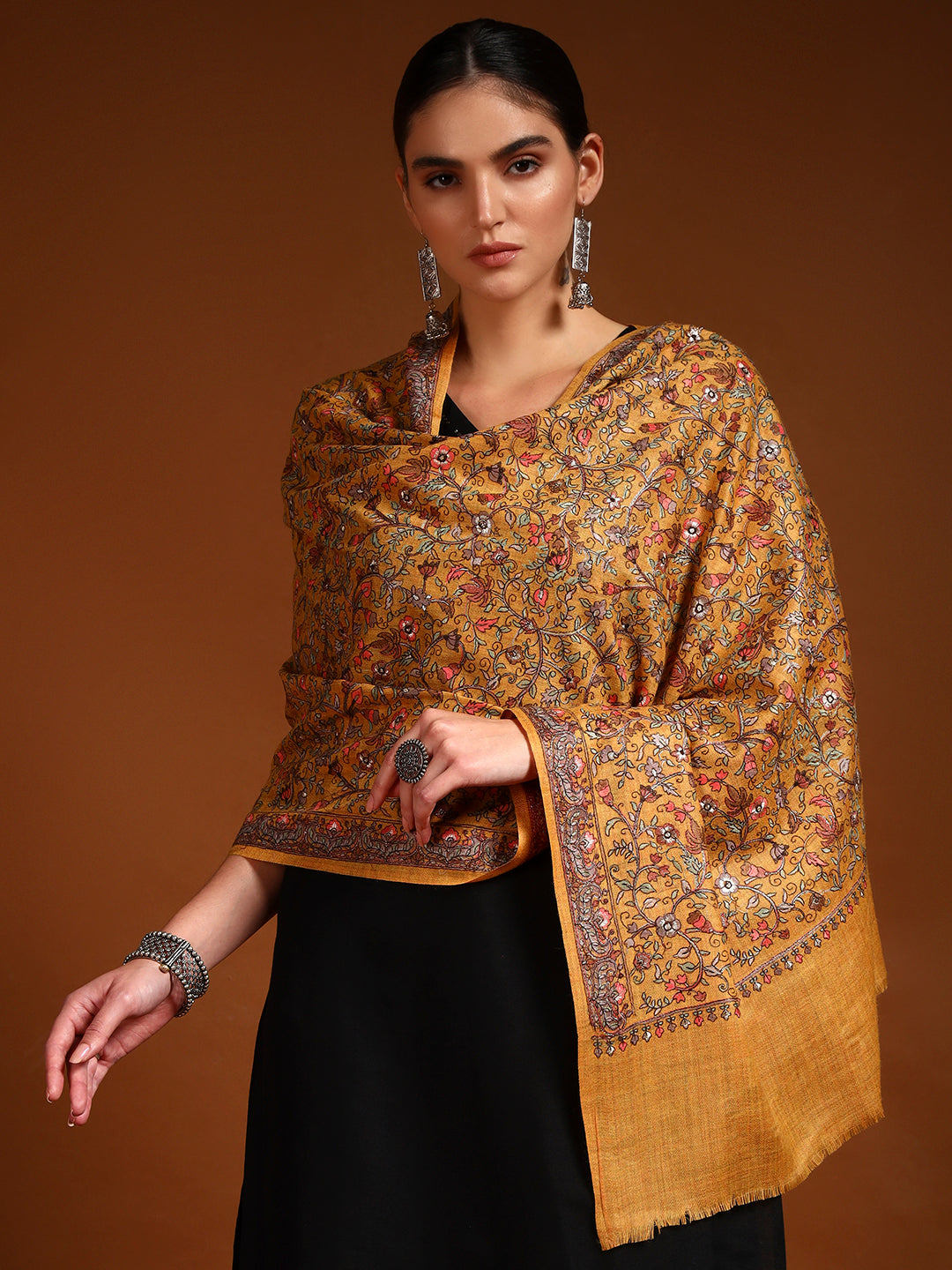 Pashmoda Women Shabnum 100% Pure Wool Sozni Hand Embroidered Stole (Size-71 × 203 cm)