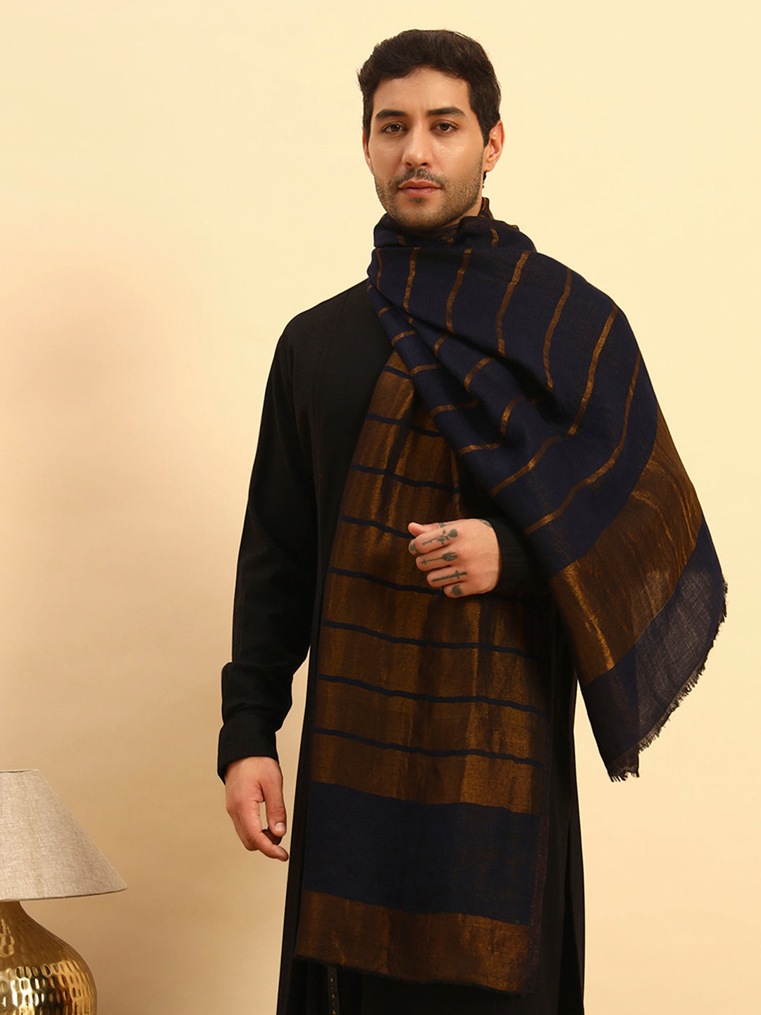 Pashmoda Men Parallel Grace Reversible Zari Moonlight Fine Wool Stole (Size: 71x203 Cm)