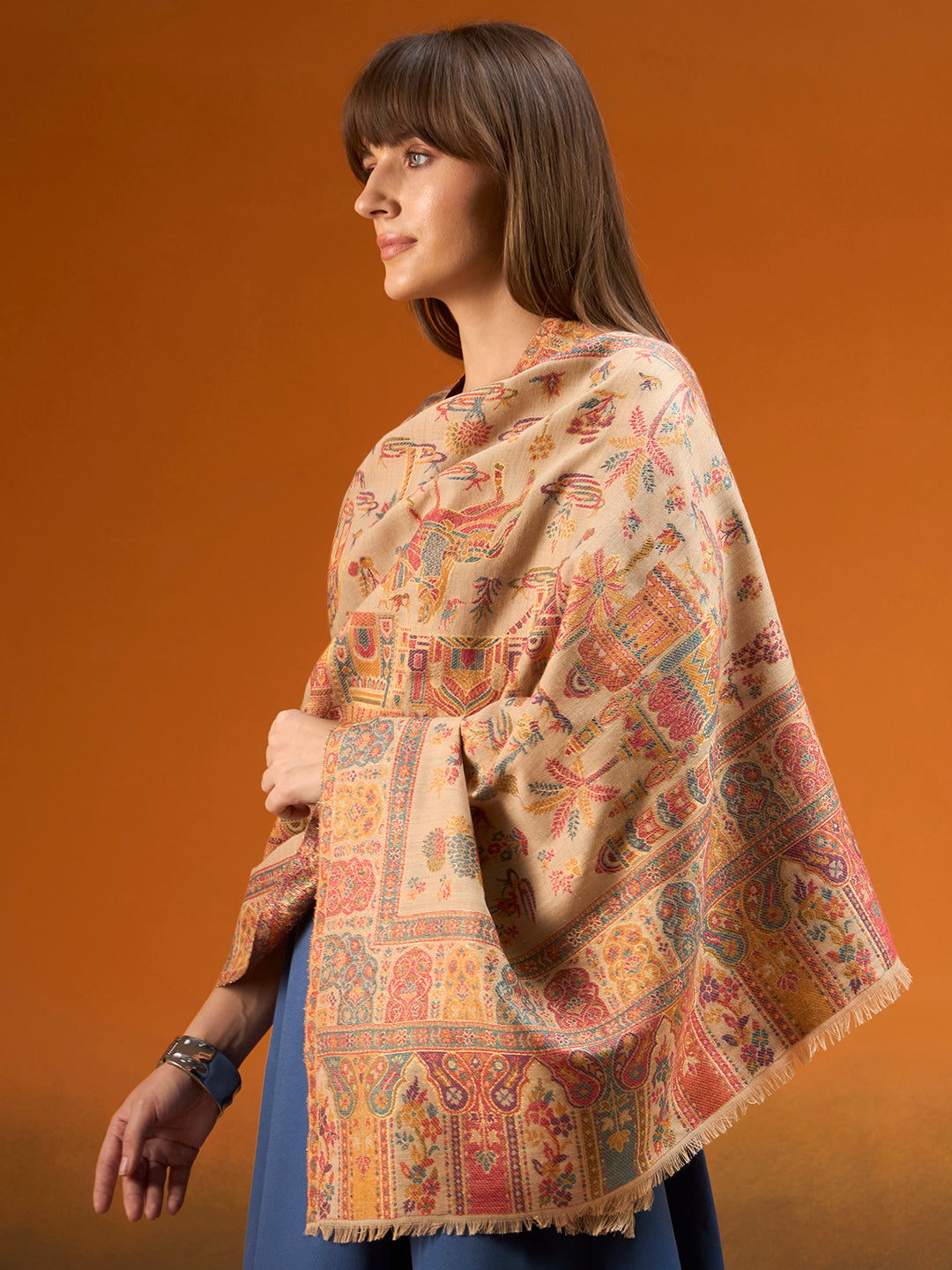 Pashmoda Imperial Caravan kaani stole Stole for Women, Wool Blend Pashmina Style Shawl Wrap, Traditional Kashmiri Jamawar Woven Design, Luxury Evening & Festive Scarf (28 x 80 Inches)