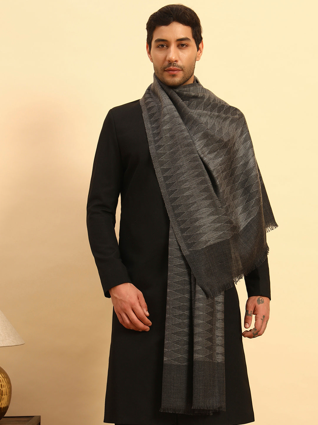 His and Her Gift Set of 100% Pure Wool Check Stole and Kaani Shawl With Wooden Gift Box