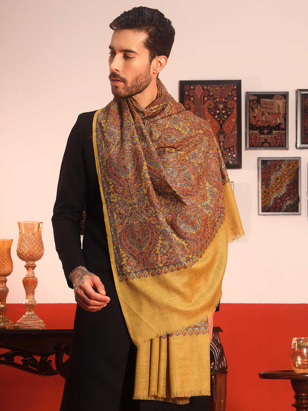 Pashmoda Men Rehnan 100% Pure Wool Sozni Hand Embroidered Shawl (Size: 101x203 Cm)