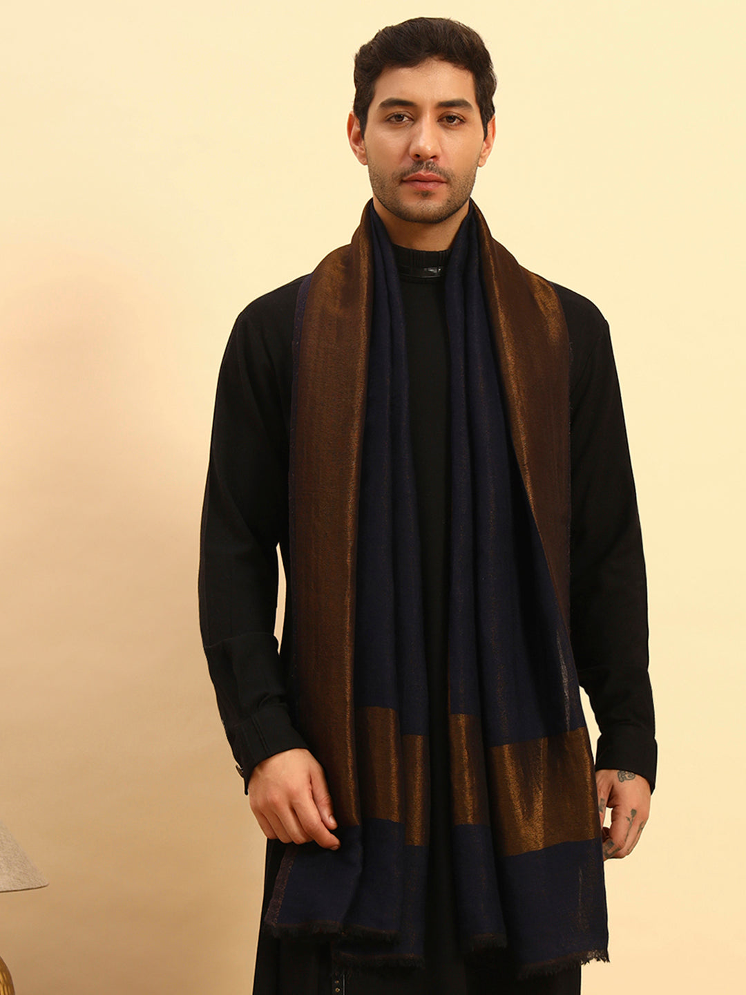 Pashmoda Men Midnight Bronze Reversible Zari Moonlight Fine Wool Stole (Size: 71x203 Cm)
