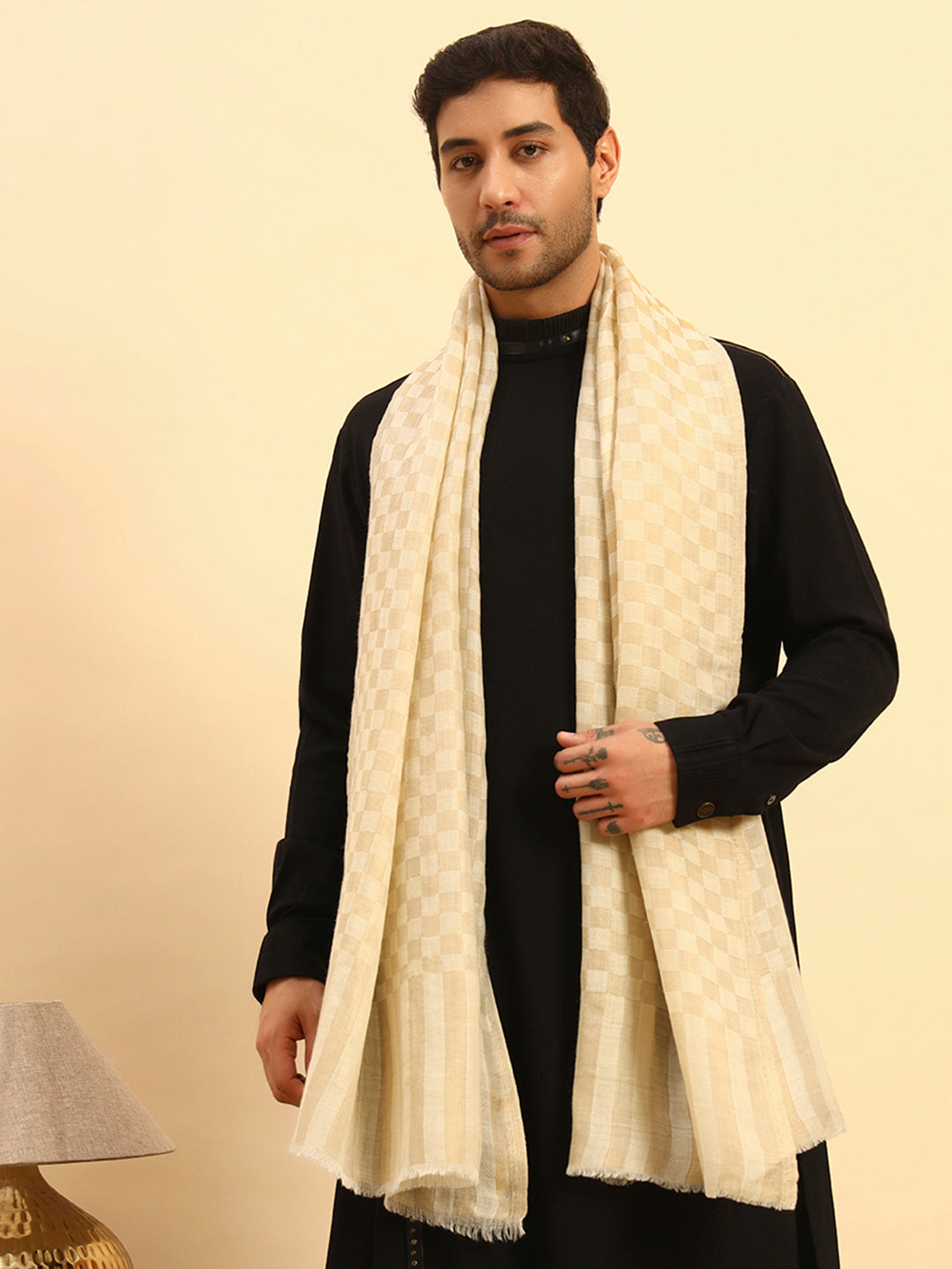 Pashmoda Men Champagne Check Reversible Zari Moonlight Fine Wool Stole (Size: 71x203 Cm)