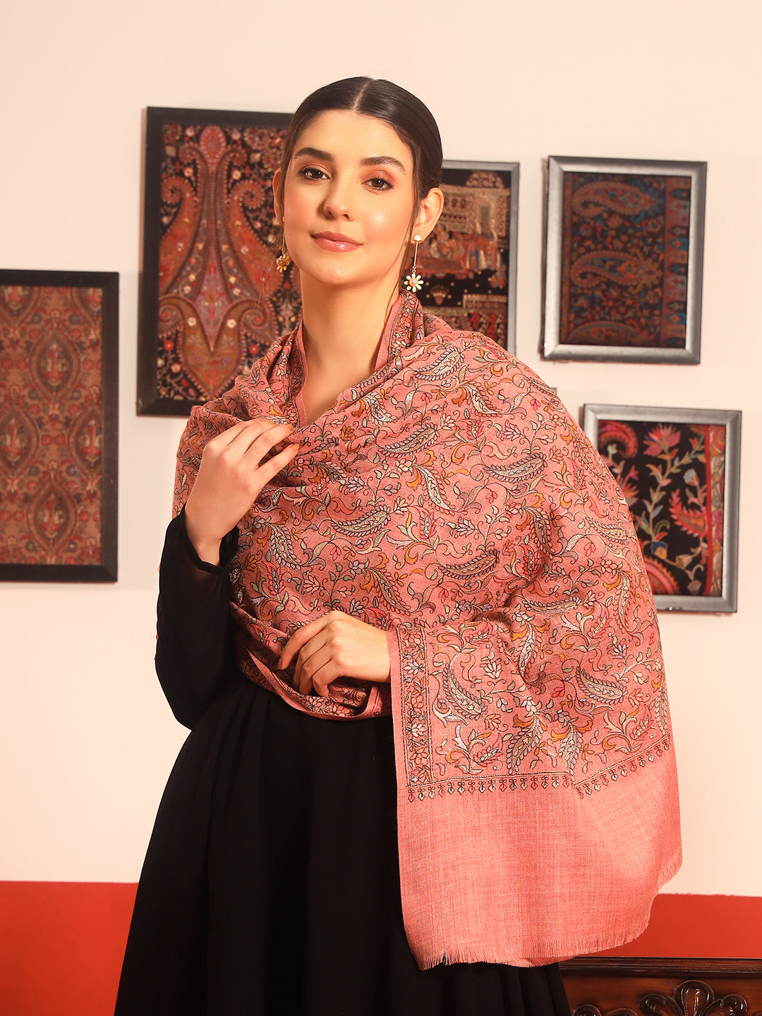 Pashmoda Women’s 100% Pure Wool Sozni Hand Embroidered Stole (Size: 71x203 cm)