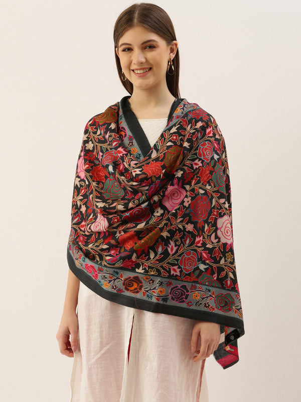 Women's Gul-E-Mehar 100% Pure Wool Kalamkari Hand Embroidered Stole (Size : 71X203 CM)