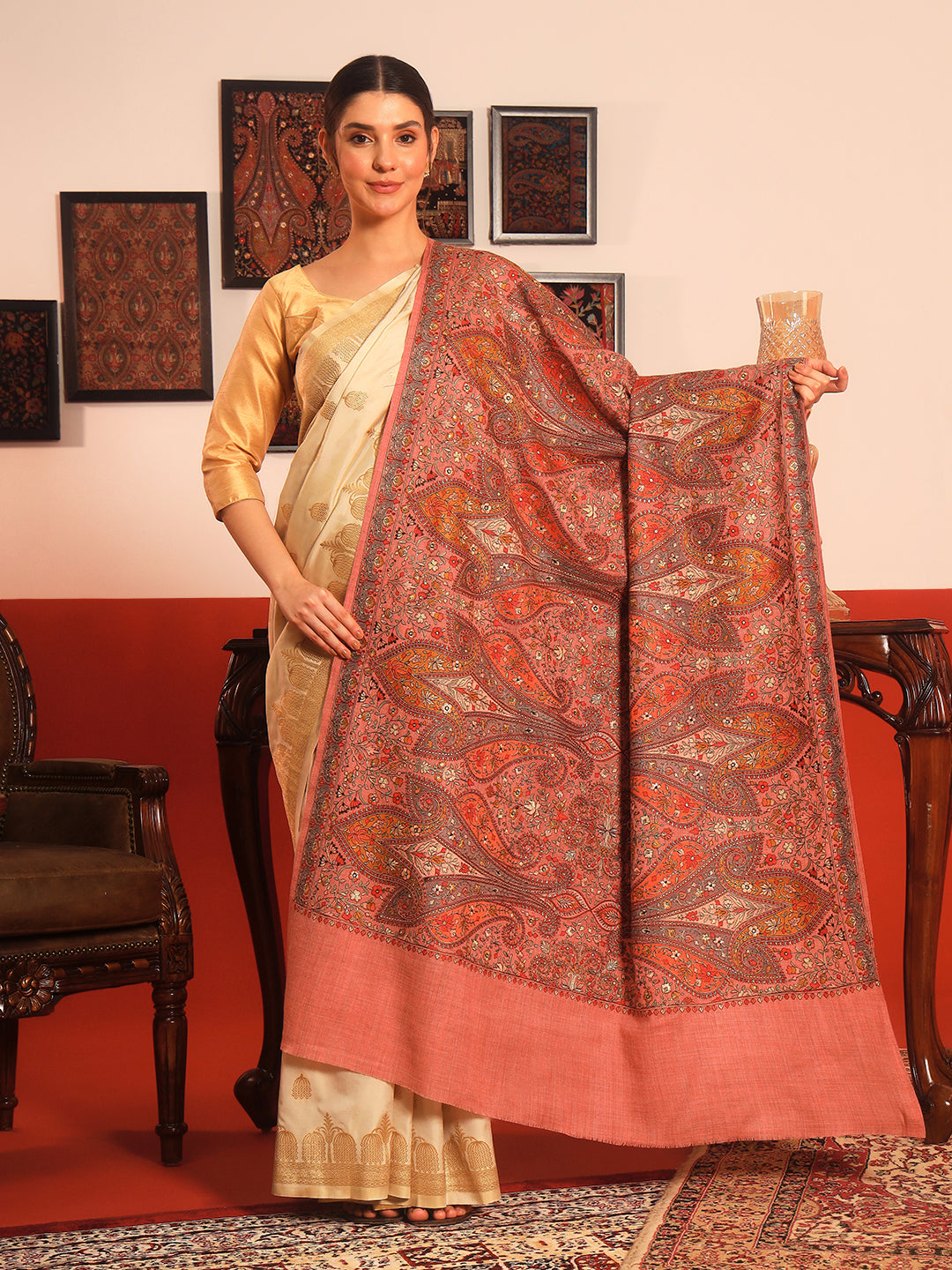 Pashmoda Women Mahnoor 100% Pure Wool Sozni Hand Embroidered Shawl (Size: 101x203 Cm)