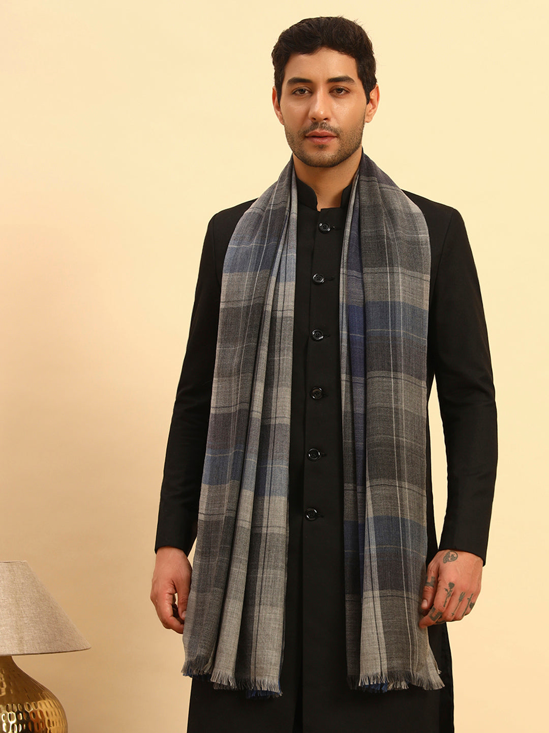 Pashmoda Men Moderen Tartan 100% Pure Wool Checkered Stole (Size :71X203cm)