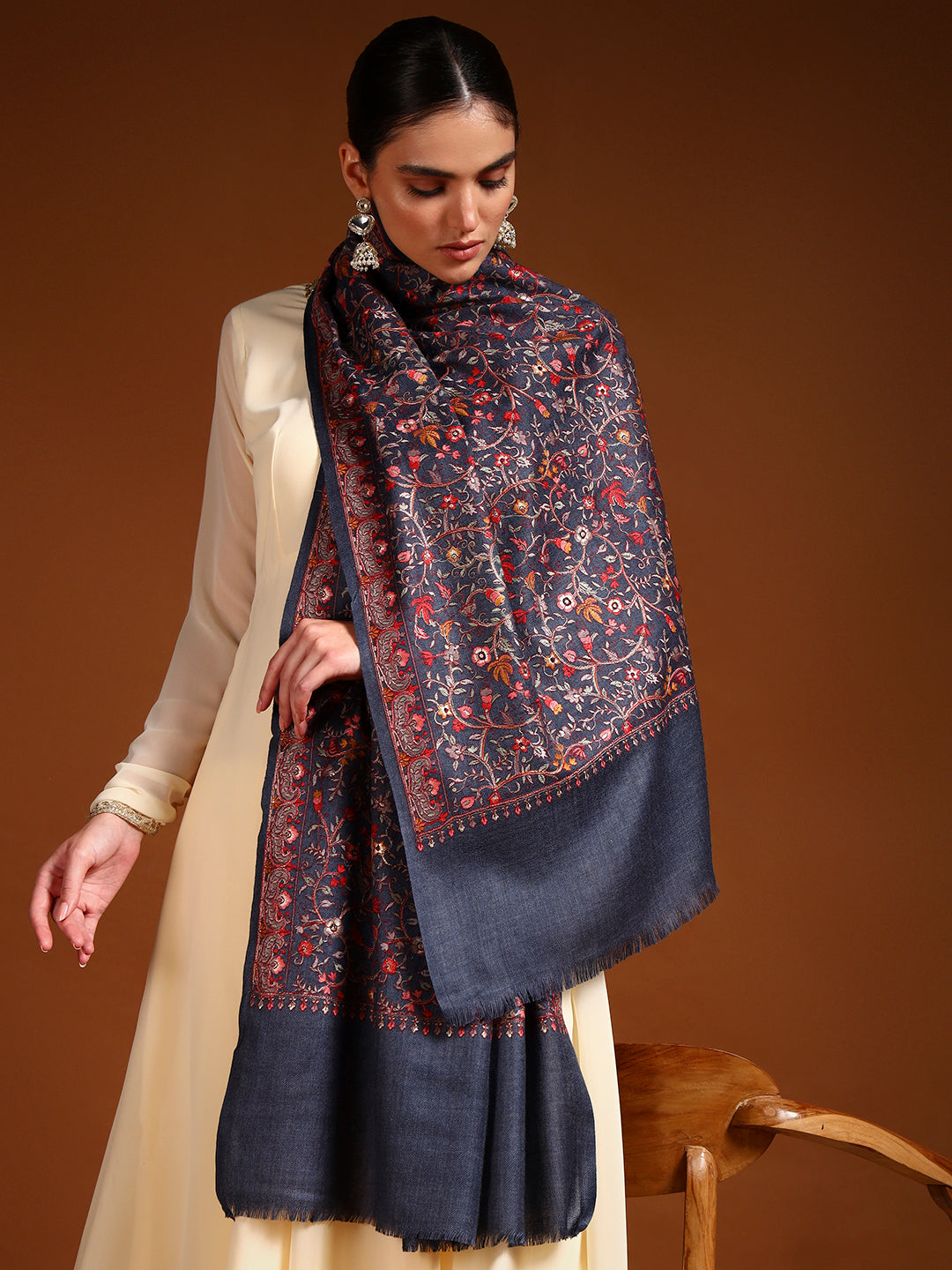 Pashmoda Women Shabnum 100% Pure Wool Sozni Hand Embroidered Stole (Size-71x203cm)