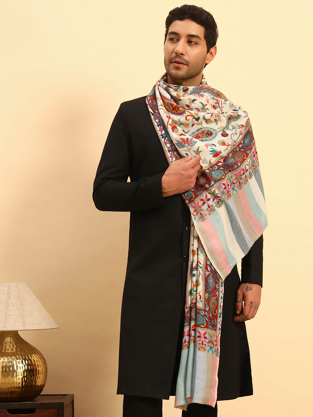 Pashmoda Men Floral Whispers 100% Pure Wool Fabric Kalamkari Embroidered Stole (Size:71x203cm)