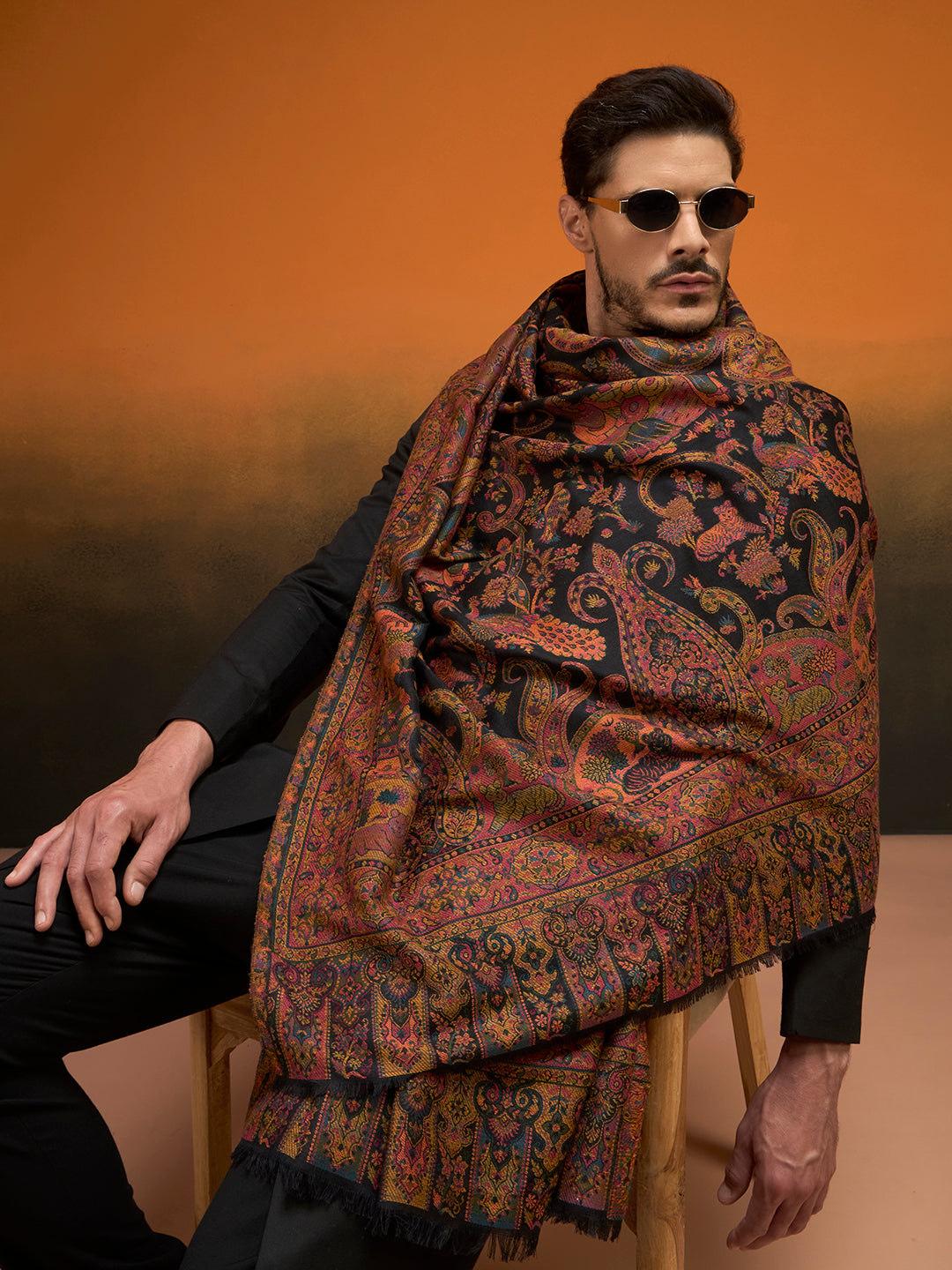 Pashmoda Men Royal gulistan Shawl Fine Wool Kaani Shawl, Authentic Kashmiri Pashmina Style Wrap, Medium Gents Lohi, Traditional Jamawar Woven Design, Gift Box Packed, Black Colour (40 x 80 Inches)