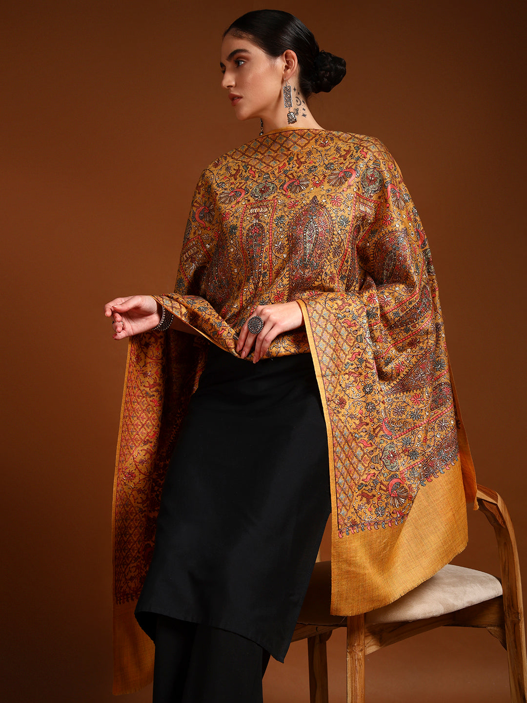 Pashmoda Women Nafeesah 100% Pure Wool Sozni Hand Embroidered Stole (Size-71x203cm)