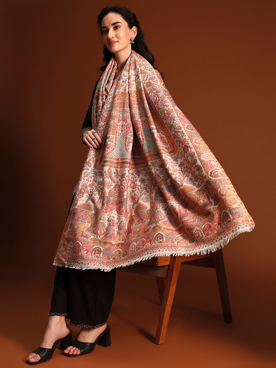 Pashmoda Women Shahi Manzar Kaani Wool Blend Kashmiri Shawl, Stole, Scarf | Luxury Pashmina Jamawar Soft Warm Evening Wrap (Size 40X80 inches )