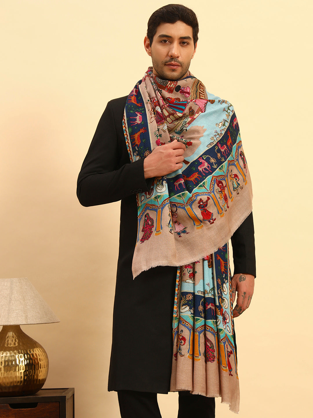 Pashmoda Men Mughal Bagh 100% Pure Wool Fabric Kalamkari Embroidered Shawl (Size: 101x203 CM)