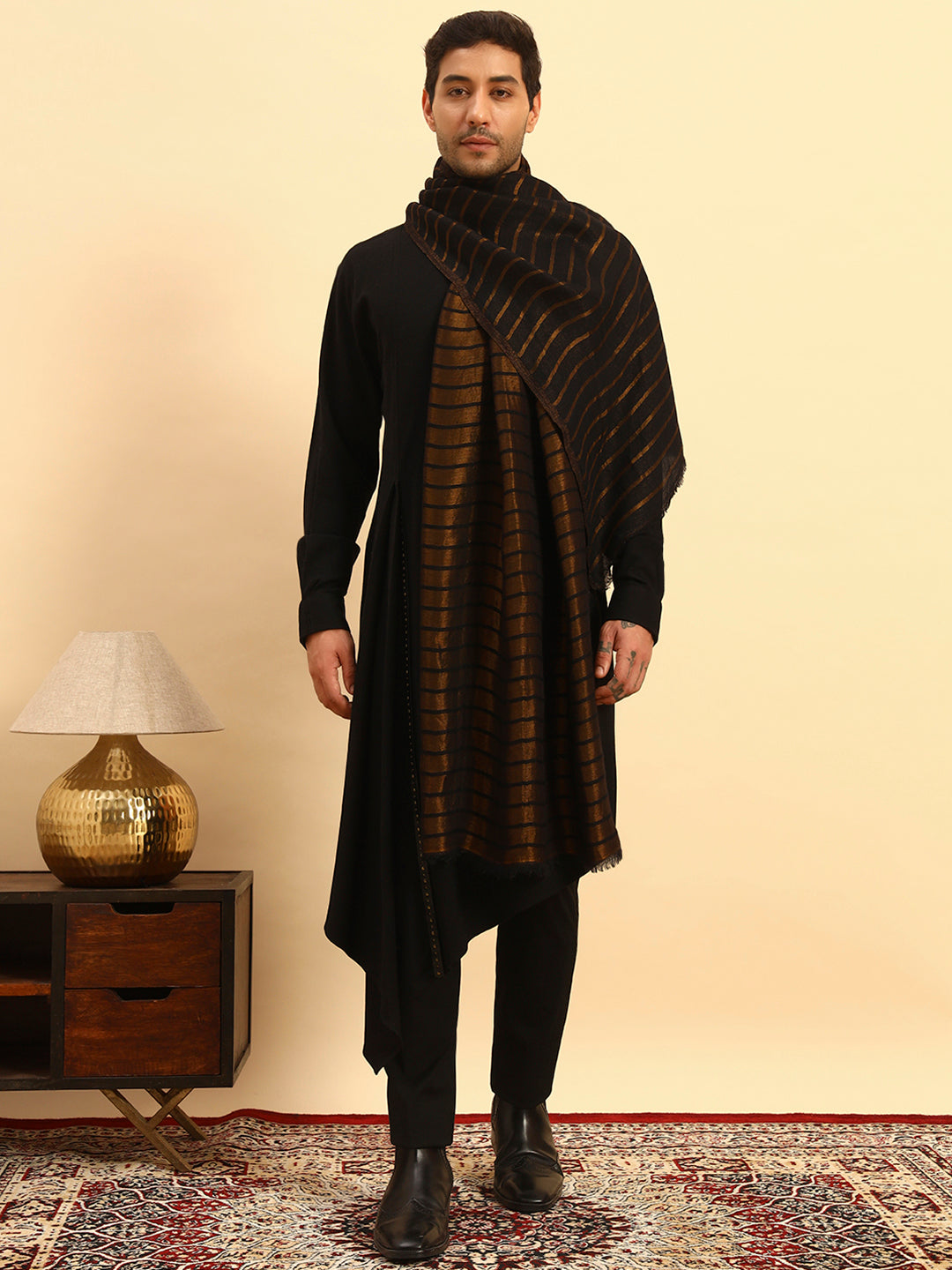 Pashmoda Men Golden Mirage Reversible Zari Moonlight Fine Wool Stole (Size: 71x203 Cm)