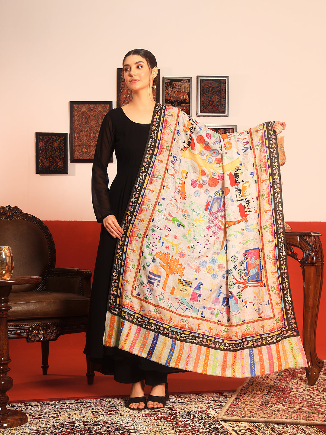 Pashmoda Women Naqshkaar Fine Wool Fabric Pashmina Kalamkari Embroidered Shawl (Size: 101x203 CM)