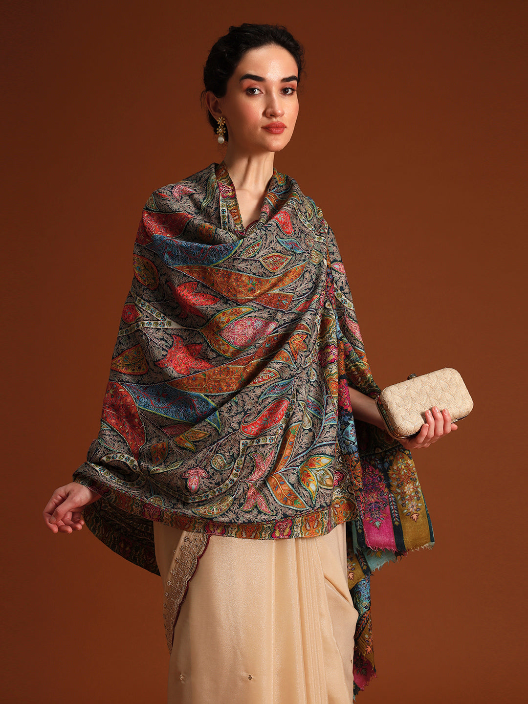 Women Chroma Royale Fine Wool Fabric Kalamkari Embroidered Shawl