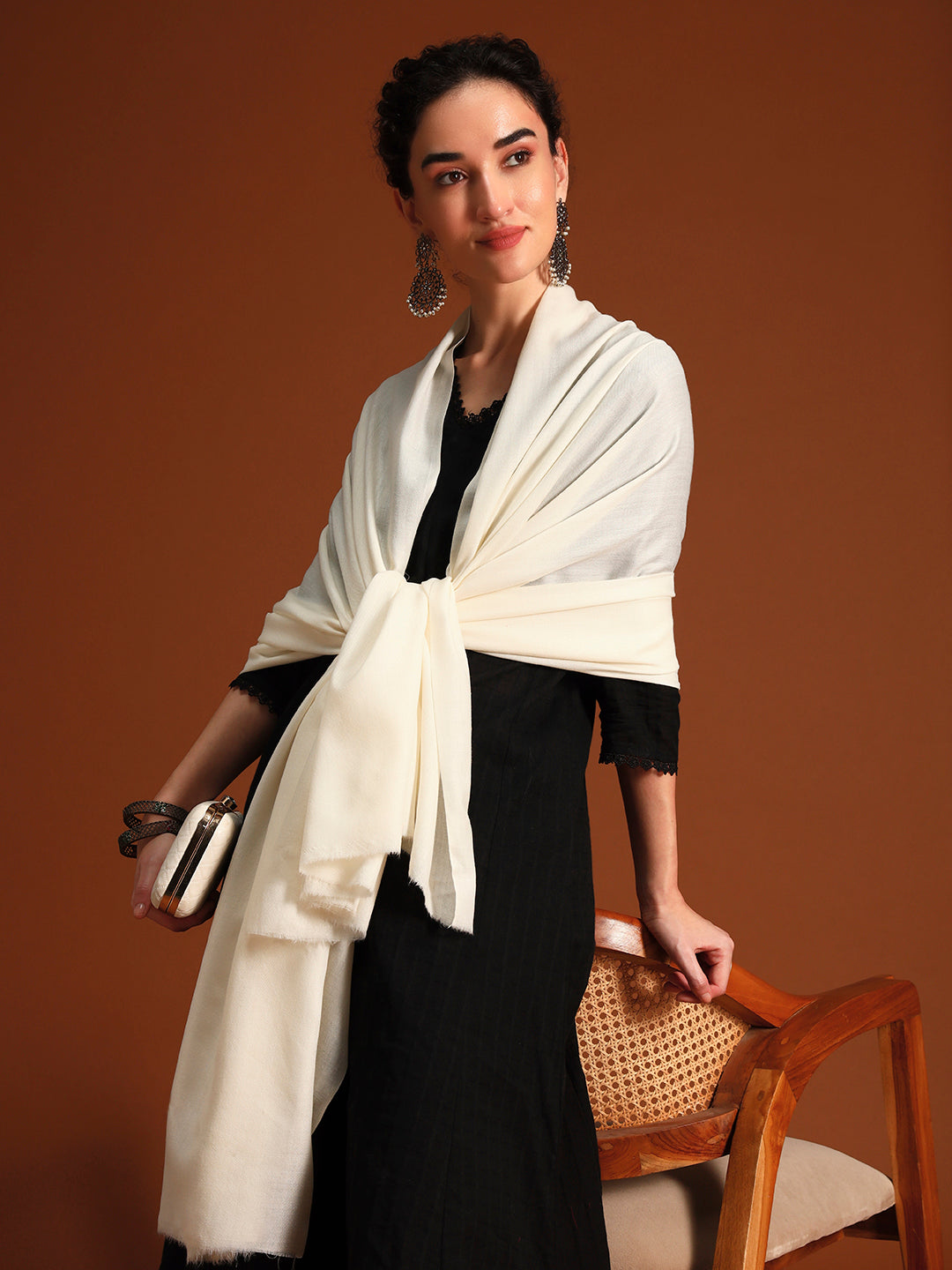Women Verdant Grace Fine Wool Blend Solid Melange Shawl