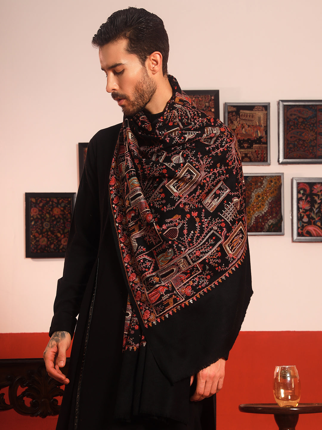 Pashmoda Men Arwina 100% Pure Wool Sozni Hand Embroidered Shawl (Size: 101x203 Cm)