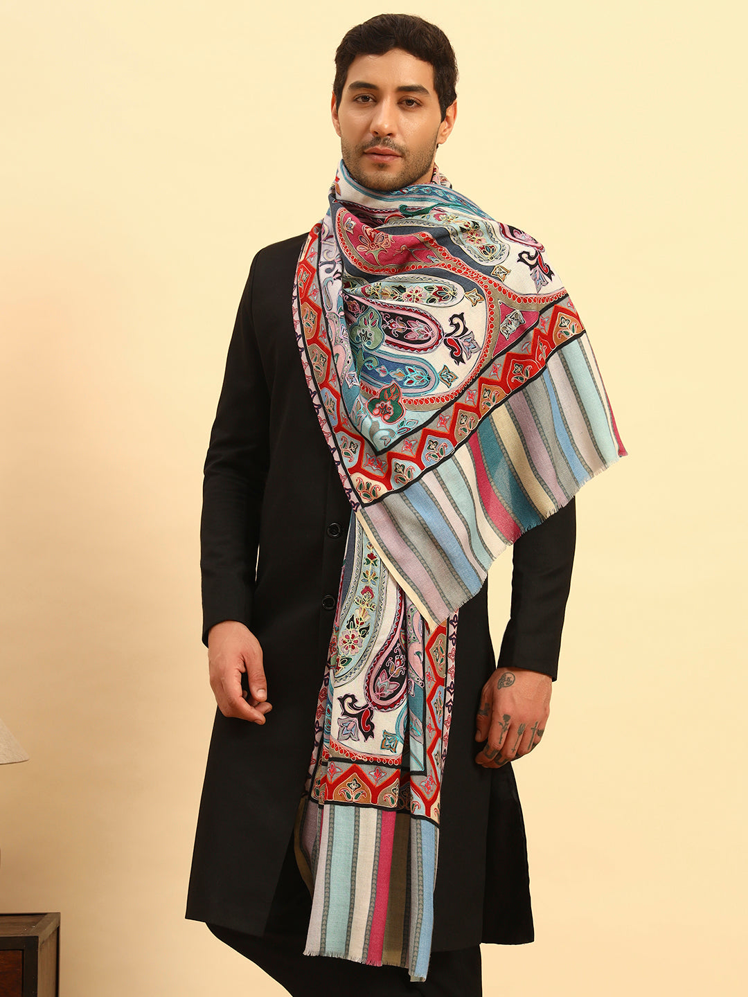 Pashmoda Men Rangdil 100% Pure Wool Fabric Kalamkari Embroidered Stole (Size:71x203cm)