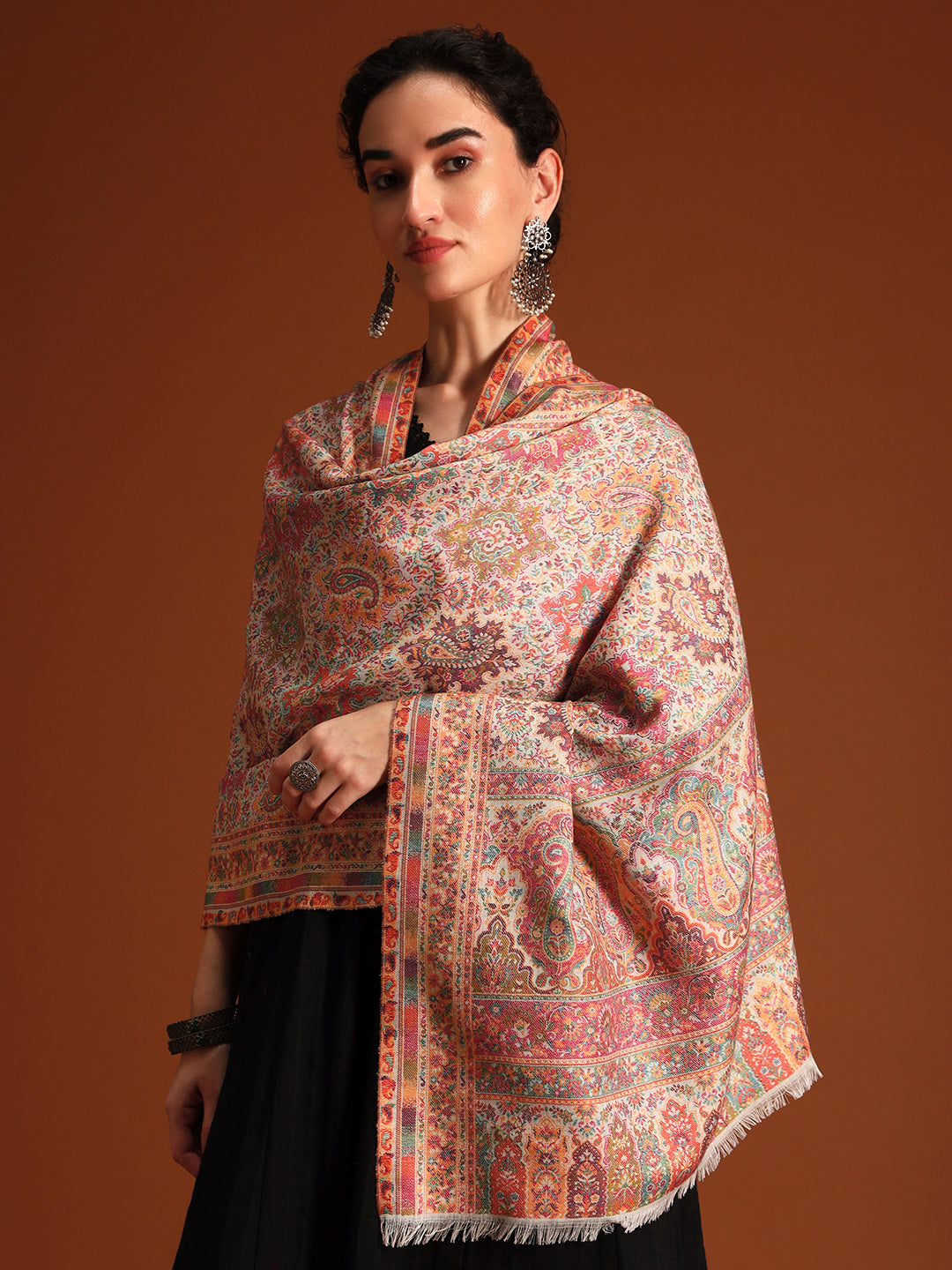 Pashmoda Imperial Shahkaar Gulistan kaani stole Stole for Women, Wool Blend Pashmina Style Shawl Wrap, Traditional Kashmiri Jamawar Woven Design, Luxury Evening & Festive Scarf (28 x 80 Inches)