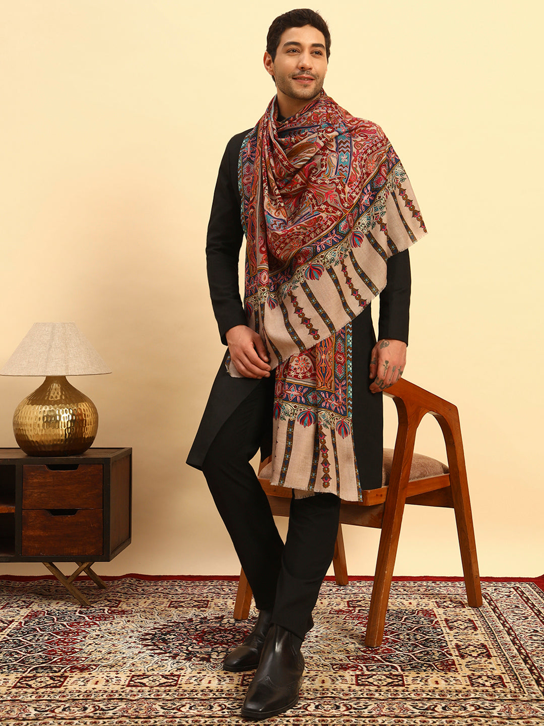 Pashmoda Men Rangrez Rangkalam 100% Pure Wool Fabric Kalamkari Embroidered Shawl (Size: 101x203 CM)