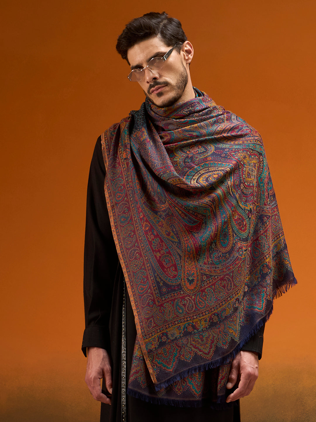 Pashmoda Men Grand Paisley Kaani Shawl, Authentic Kashmiri Pashmina Style Wrap, Medium Gents Lohi, Traditional Jamawar Woven Design, Gift Box Packed, Navyblue Colour (40 x 80 Inches)