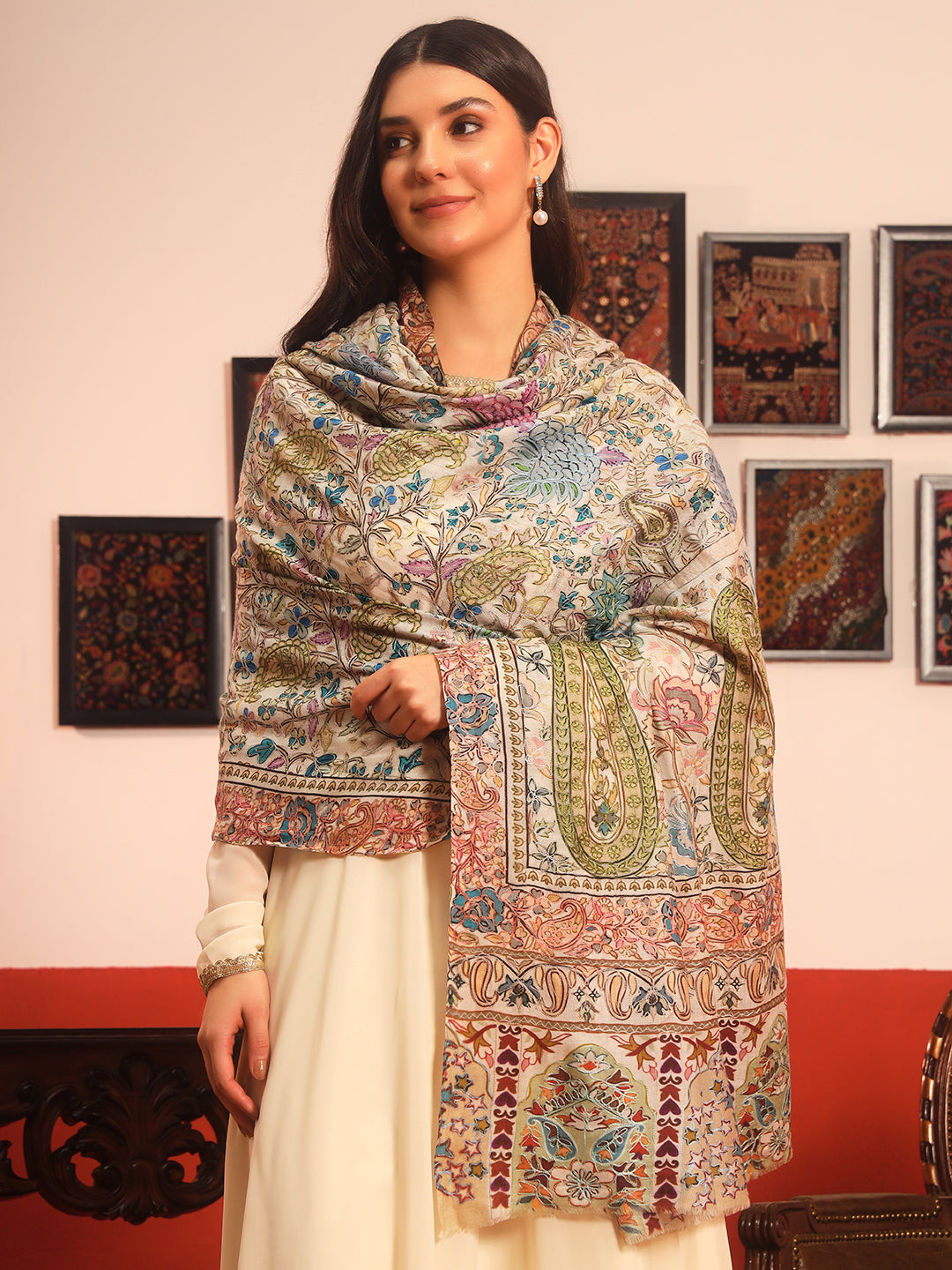 Pashmoda Women Rangkaar Fine Wool Fabric Pashmina Kalamkari Embroidered Shawl (Size: 101x203 CM)