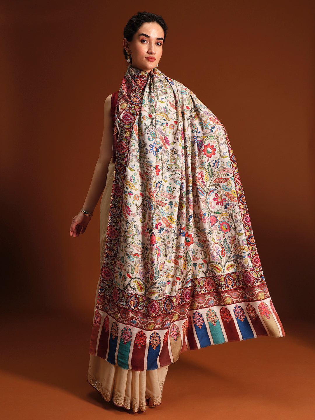 Women Nafees Naqsh Fine Wool Fabric Kalamkari Embroidered Shawl,