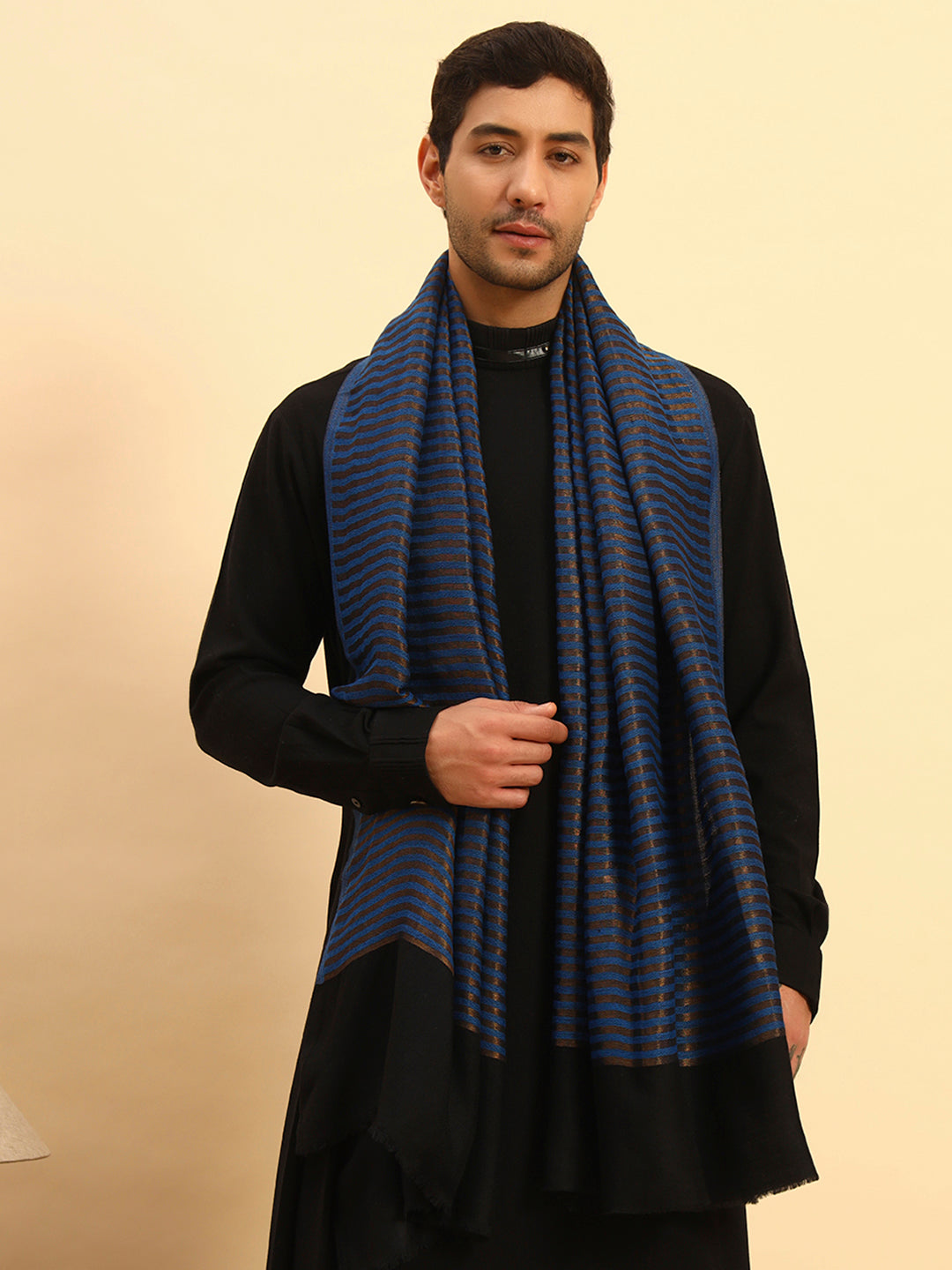Pashmoda Men Golden Eclipse Reversible Zari Moonlight Fine Wool Stole (Size: 71x203 Cm)