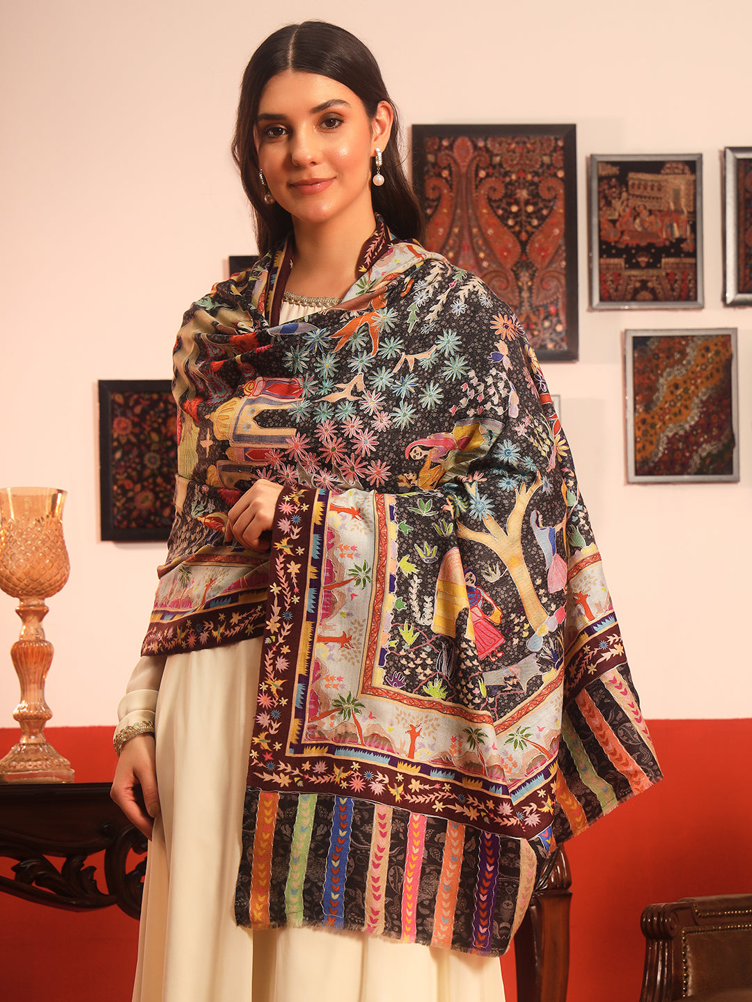 Pashmoda Women Naqshkaar Fine Wool Fabric Pashmina Kalamkari Embroidered Shawl (Size: 101x203 CM)