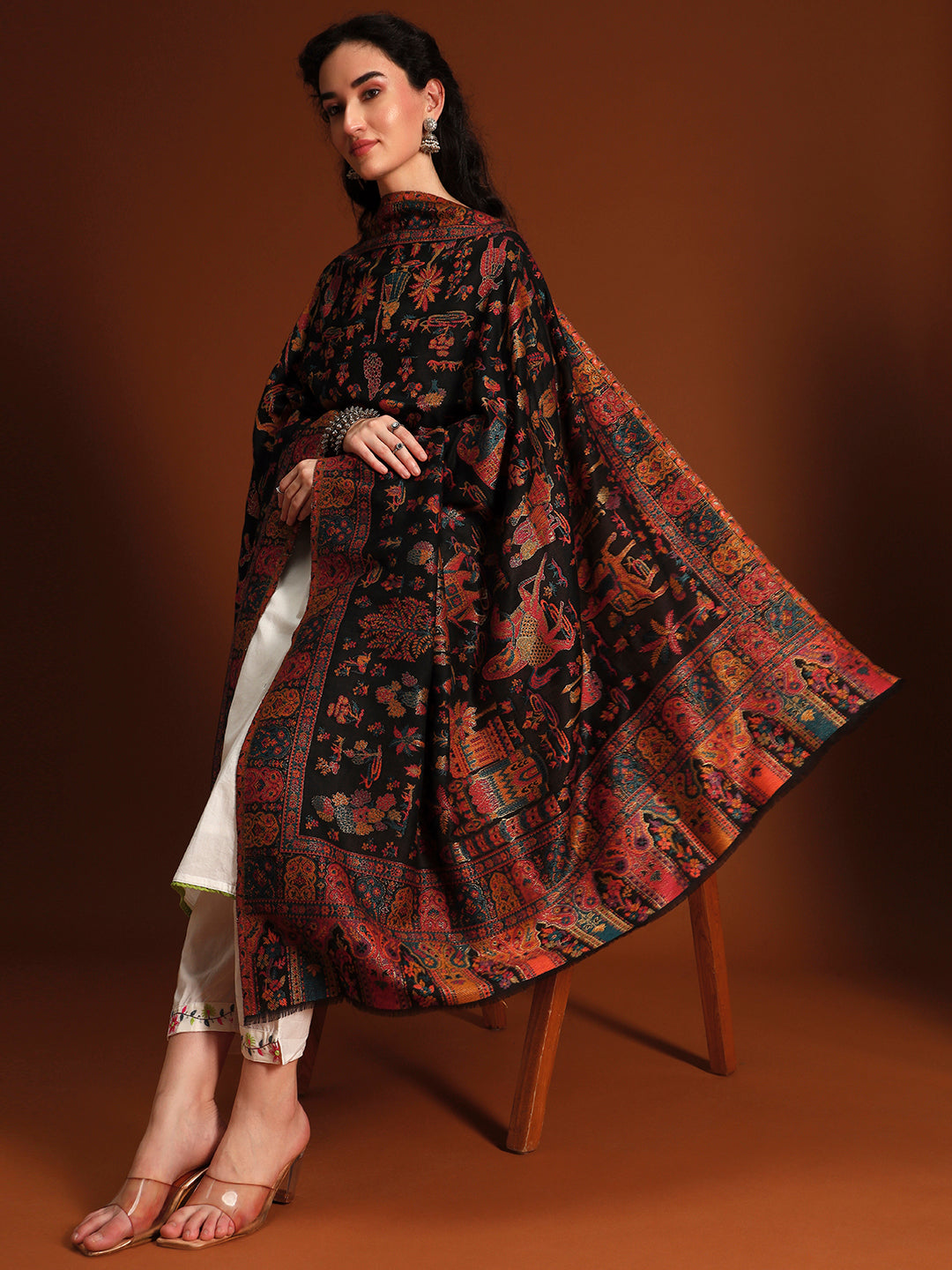 Pashmoda Women Gulrukh Zari Reversible Kaani Fine Wool Shawl, Shawl, Scarf, Heritage Kashmiri Pashmina Stole, Evening Wrap (Size 40X80 inches)