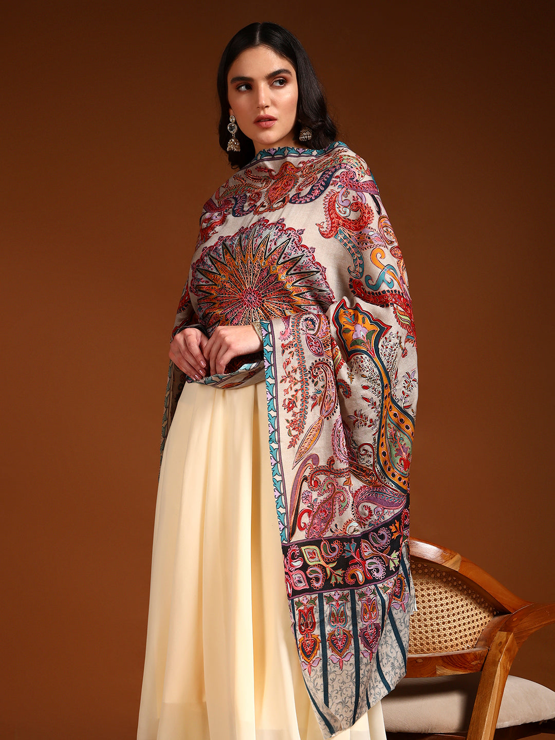 Pashmoda Women Saahtaar 100% Pure Wool Fabric Kalamkari Embroidered Stole (Size: 71x203 cm)