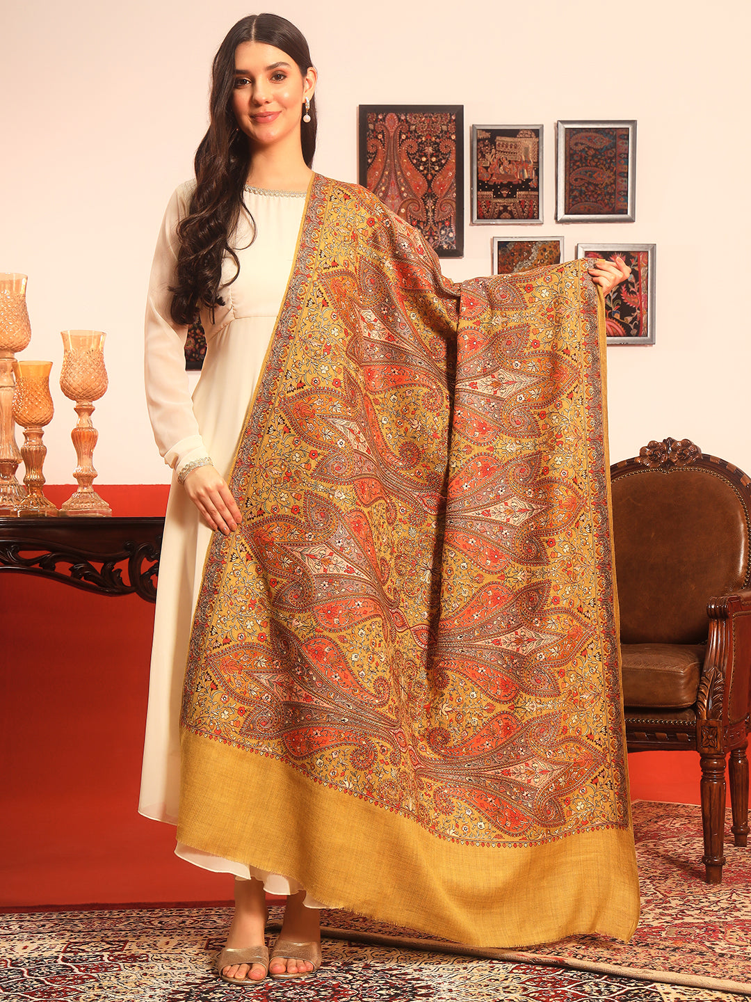 Pashmoda Women Mahnoor 100% Pure Wool Sozni Hand Embroidered Shawl (Size: 101x203 Cm)