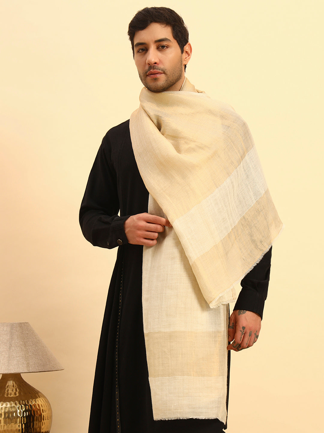 Pashmoda Men Midnight Bronze Reversible Zari Moonlight Fine Wool Stole (Size: 71x203 Cm)