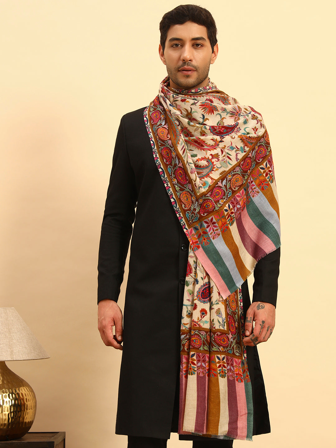 Pashmoda Men Floral Whispers 100% Pure Wool Fabric Kalamkari Embroidered Stole (Size:71x203cm)