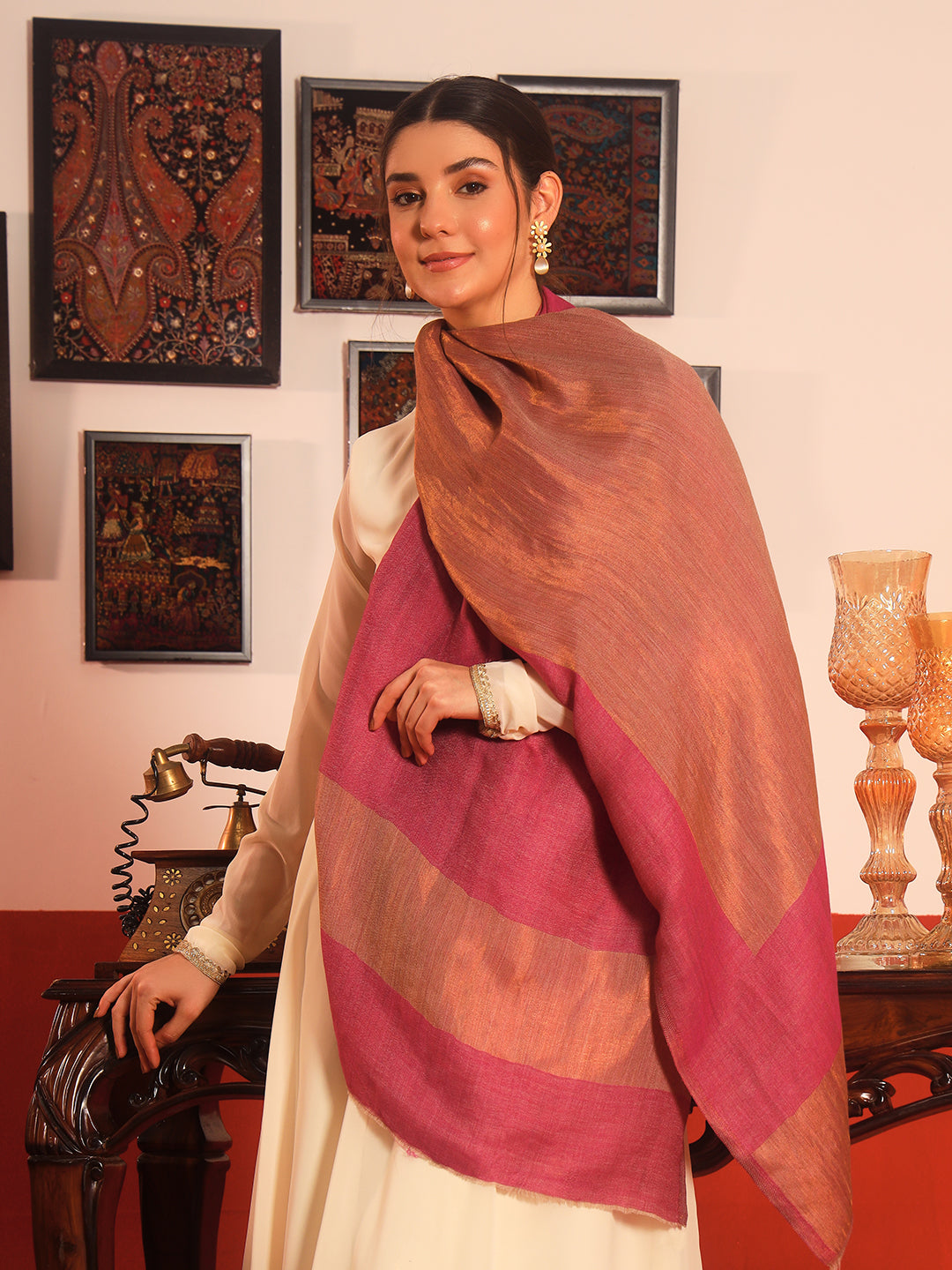 Pashmoda Women Midnight Bronze Reversible Zari Moonlight Fine Wool Stole (Size: 71x203 Cm)