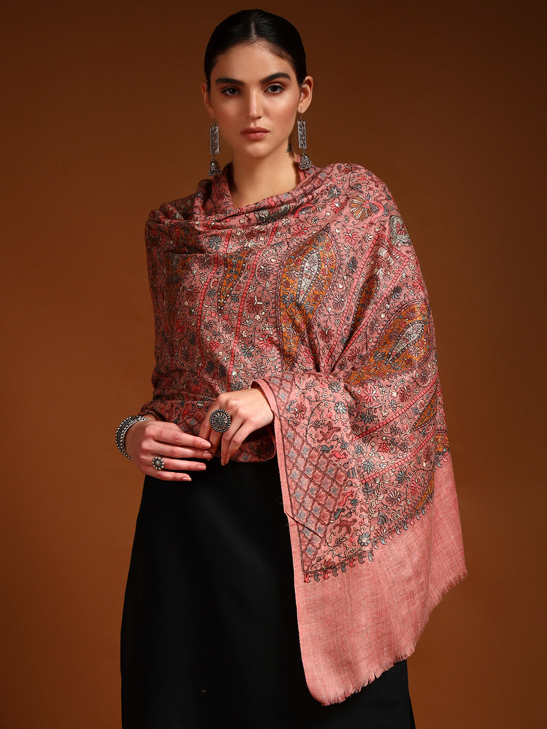 Pashmoda Women Nafeesah 100% Pure Wool Sozni Hand Embroidered Stole (Size-71x203cm)