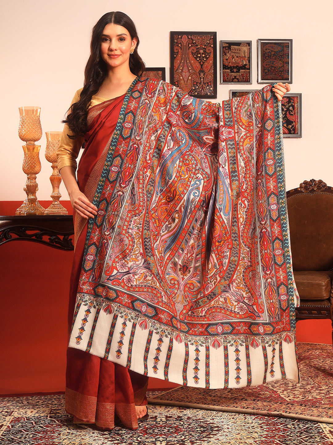 Pashmoda Women Rangrez Rangkalam 100% Pure Wool Fabric Kalamkari Embroidered Shawl (Size:101x203 cm)