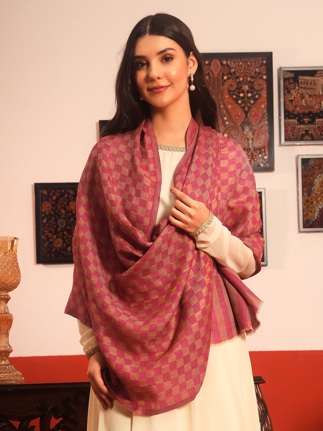 Pashmoda Women Champagne Check Reversible Zari Moonlight Fine Wool Stole (Size: 71x203 Cm)