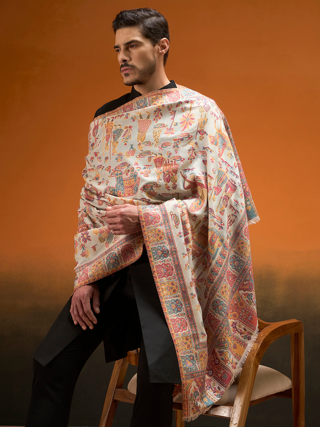 Pashmoda Men Gulrukh Reversible Kaani Zari Shawl, Rich All-Over Zari Woven Design, Authentic Kashmiri Pashmina Style Wrap, Medium Gents Lohi, Gift Box Packed, White Colour (40 x 80 Inches)