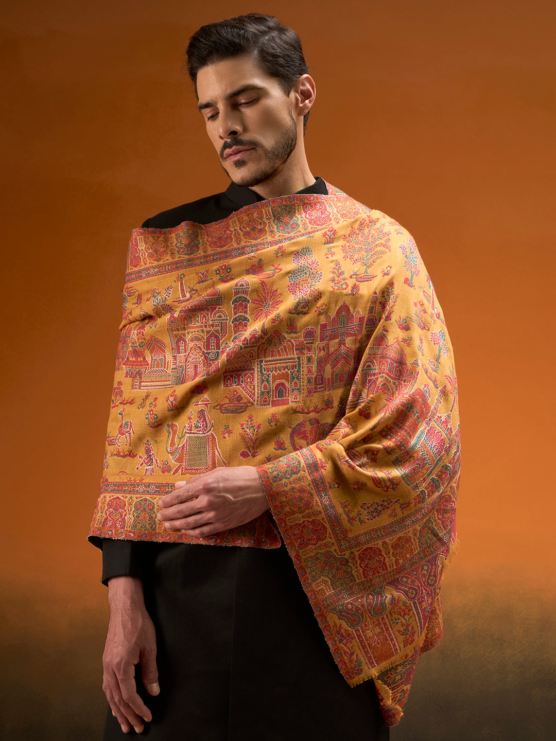 Pashmoda Men Gulrukh Reversible Kaani Zari Shawl, Rich All-Over Zari Woven Design, Authentic Kashmiri Pashmina Style Wrap, Medium Gents Lohi, Gift Box Packed, Mustard Colour (40 x 80 Inches)