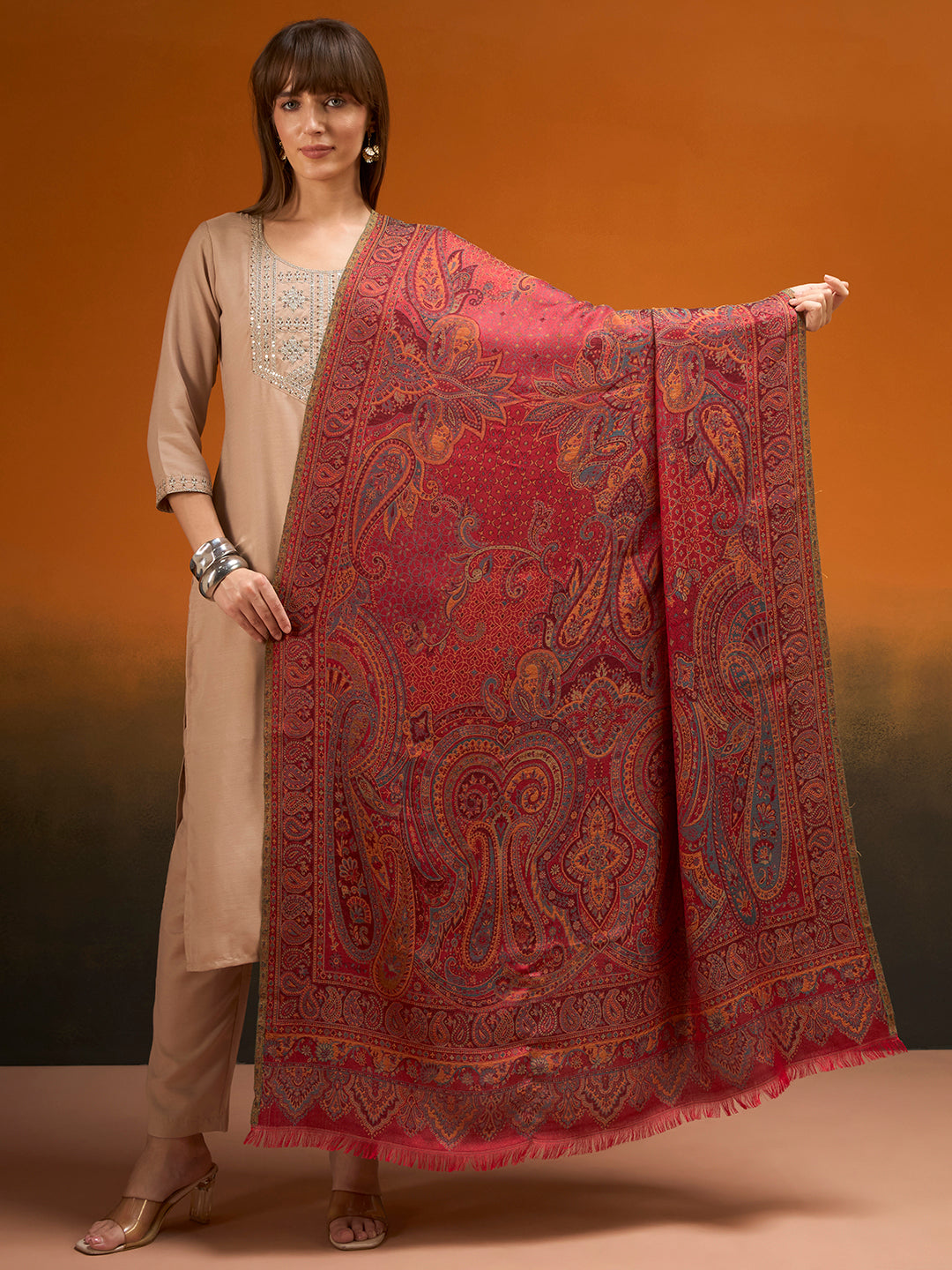 Pashmoda Women Grand Paisley Kaani Wool Blend Kashmiri Shawl, Stole, Scarf | Luxury Pashmina Jamawar Soft Warm Evening Wrap (Size 40X80 inches )